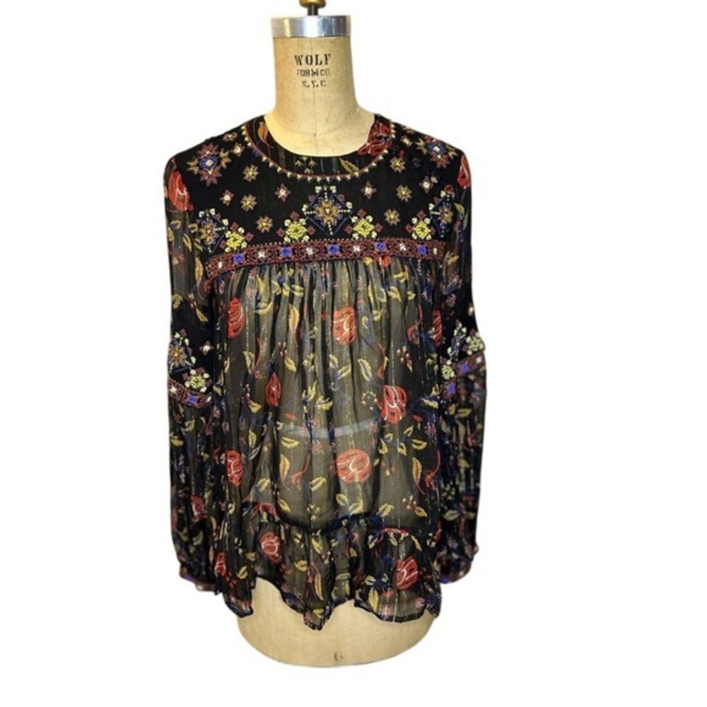 Free People Stroll‎ Through The Meadow Blouse Sheer Boho Top (Size S)
